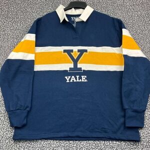 Yale University Rugby Polo Shirt XL Navy Blue Yellow Striped Long Sleeve Fleece